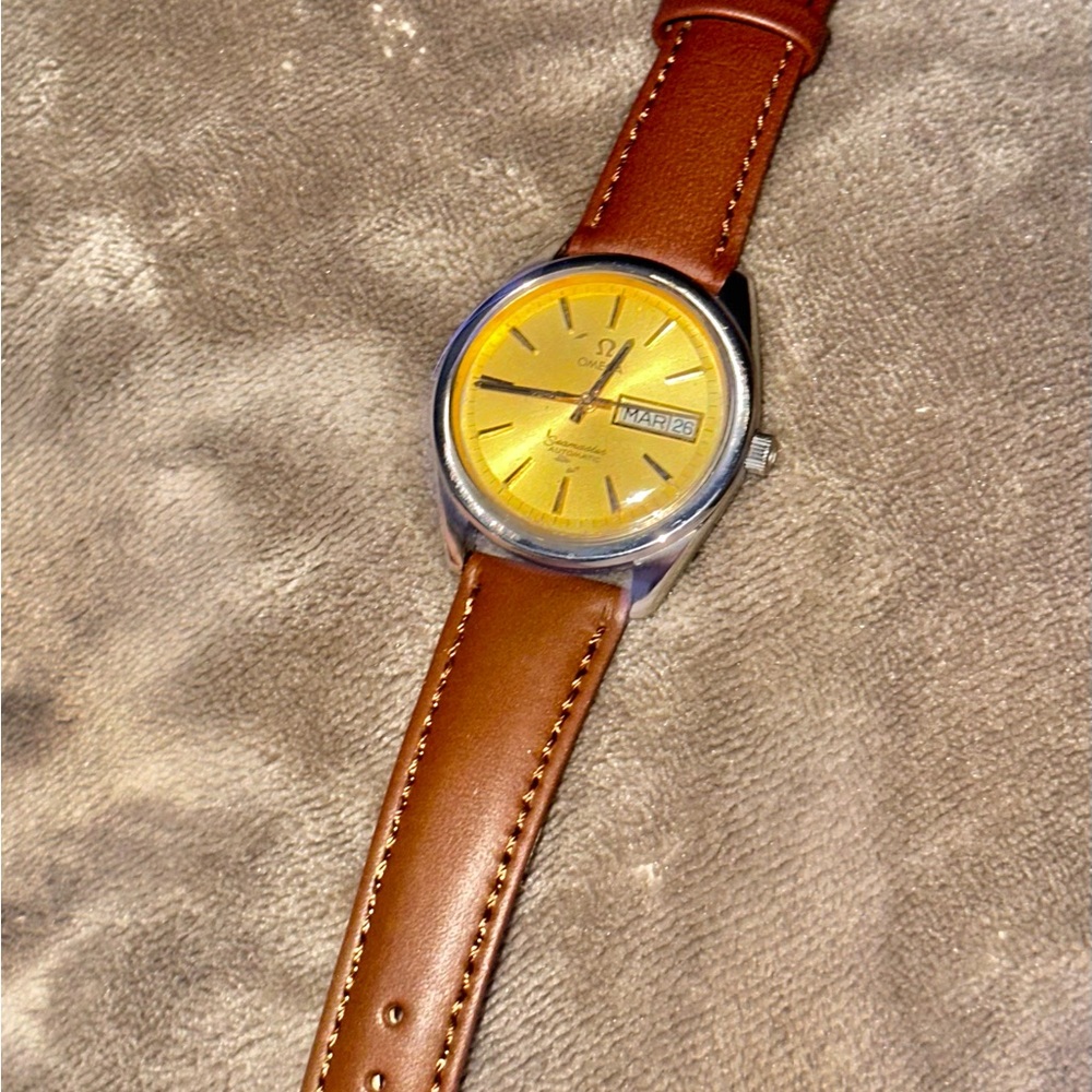Omega Yellow Dial Watch with Brown Leather Strap
